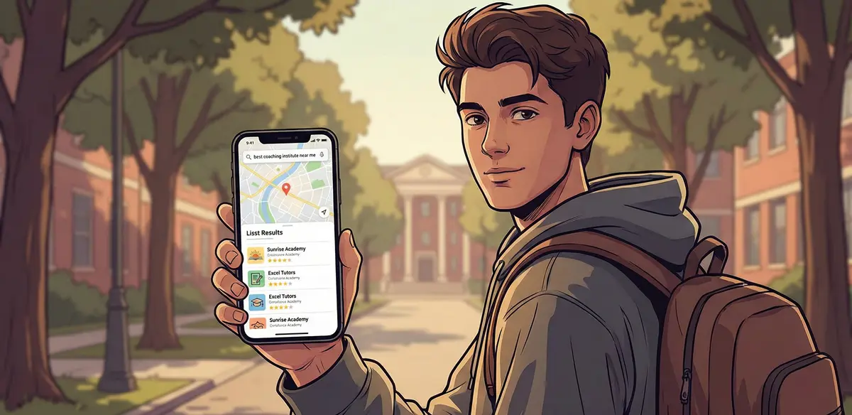 Student holding a smartphone with best coaching institute near me